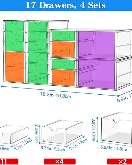 ARSTPEOE Makeup Acrylic Organizer with 17 Drawers(4 Sets), Desk Organizers and Accessories, Clear Makeup Organizer, Dustproof Storage Drawers for Office Art Craft Supplies