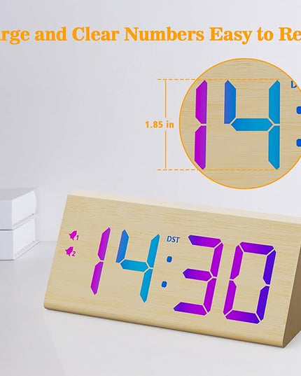 Wooden Digital Alarm Clock with Dual USB Charging Ports, DST, Dimmable, Snooze, RGB Colors, Modern Large Time Display LED Clock for Kids Bedrooms, Living Room, Desk,Table, Bedside,Nightstand (Bamboo)
