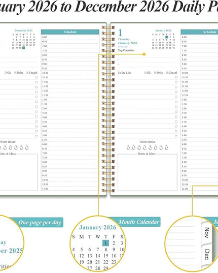 Daily Planner 2026 Full Page Per Day- 2026 Daily & Monthly Planner from January 2026 to December 2026, Day Planner 2026 with 12 Months Tabs, 8.5" x 11", Green