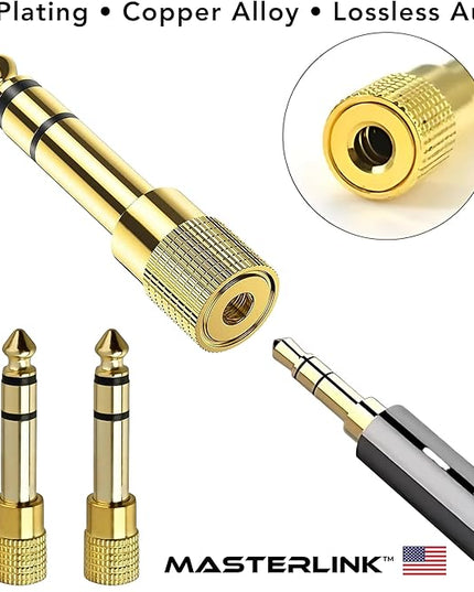 MASTERLINK 1/8” (1/4 inch) Male to 3.5mm (1/8 inch) Female Stereo Audio Jack Adapter for Aux Cable, Guitar Amplifier, Headphone, 2 Pack