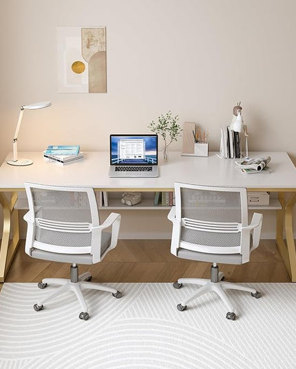 Extra Long Desk with Bookshelf - 71" Double Long Writing Table for 2-Person Workstation, Modern Study Work Computer Desk for Home and Office, Gold