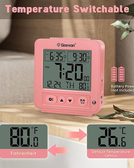 Geevon Smart Night Light Small Digital Alarm Clock with 2 Increasing Beep Alarm, Indoor Temperature, Battery Operated Travel Clock for Bedroom, Bedside, Desk(Pink)