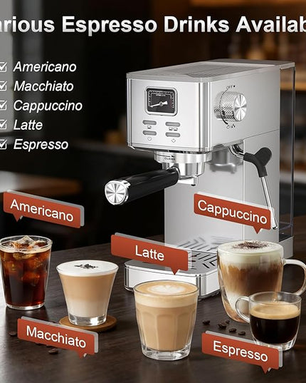 Espresso Machine 20 Bar, Compact Espresso Coffee Machine with Steam Milk Frother & 47oz Removable Water Tank, Hot Water Function for Home Cappuccino, Latte