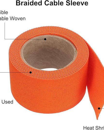 MECCANIXITY Braided Cable Sleeves Heat Shrinkable Fabric Sleeving, 1 3/8" 10ft Orange 2:1 Ratio Heat Shrinkable Cord Protector for Harness Cable, Network Cable Protection, Cable Management