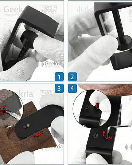 GEEKRIA Wooden Headphones Stand Compatible with Apple AirPods Max, Sony WH-1000XM6 Headphone Hook, Earphones Hanger Mount, Dual-Purpose Aluminum Headset Desktop Clip with Walnut Holder