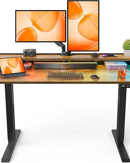 ErGear Standing Desk with LED Strip, 48″ x 24″ Electric Height Adjustable RGB Gaming Table with Shelf, Sit Stand Desk with Dual Cable Holes, C-Clamp Mount Compatible, 4 Preset Heights, Vintage Brown