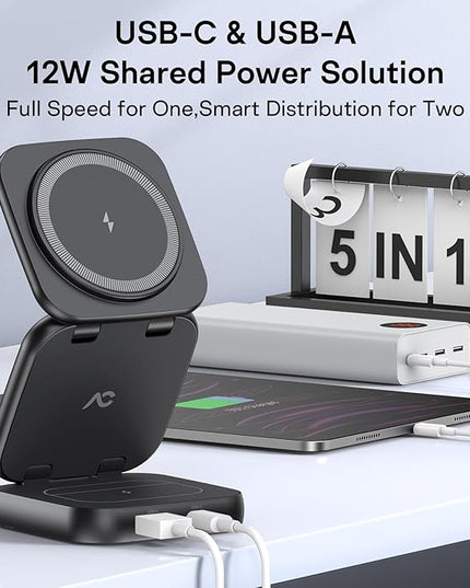 5-in-1 Wireless Charger for MagSafe, AC ISLAND Portable Travel Charging Station, 35W Max Fast Foldable Magnetic Stand, Evolved for iPhone 17-12 & Air Series, Apple Watch, AirPods (with 35W Adapter)
