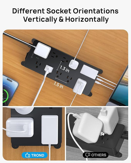 TROND Surge Protector Power Strip 10ft, 360° Rotating Flat Plug, 4000J, ETL Listed, 10 Widely Spaced Outlets, 2 USB A and 2 USB C, Wall Mountable, for Home Office Entertainment, Black