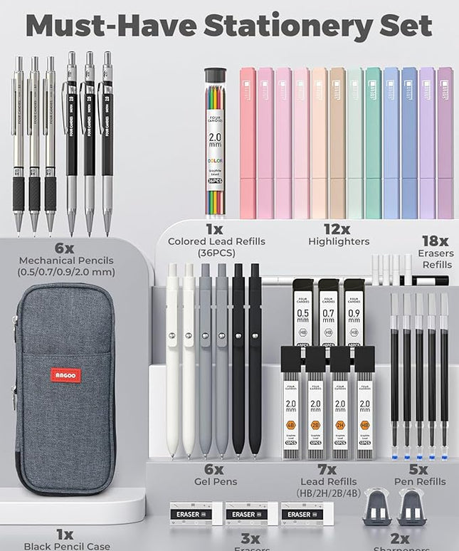 Four Candies 45 PCS School Supplies with Pen Case, 12 Pastel Highlighters, 6 Black Ink Gel Pens, 6 Mechanical Pencils Set for Students Stationary College Essentials (Black)