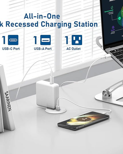 Desktop Power Grommet 2 Inch Hole, PD 30W USB C Fast Charging Station, Recessed Outlet, Ultra Thin Flat Plug Power Strip, Slim Extender, Table Outlets for Home, Office, 6ft Cord, White