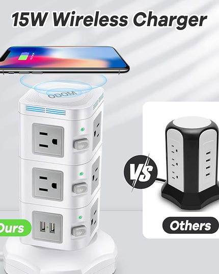 Power Strips Surge Protector 1800J, ODOM Power Strip Tower with 15W Wireless Charger, 13A,4 USB Ports + 10 AC Outlets + 6 Ft Retractable Extension Cord,Plug Outlet Charging Tower for Home Office