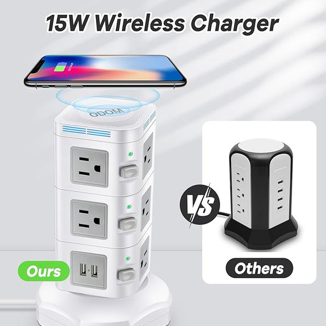 Power Strips Surge Protector 1800J, ODOM Power Strip Tower with 15W Wireless Charger, 13A,4 USB Ports + 10 AC Outlets + 6 Ft Retractable Extension Cord,Plug Outlet Charging Tower for Home Office