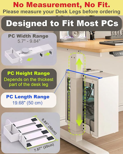 Under Desk PC Mount - No Drilling Heavy Duty 40 lbs Capacity, Adjustable Height and Width Clamp-on Desk Leg PC Mount for Standing Desks (Fits 75mm×45mm Legs), with Non-Slip Pads, White