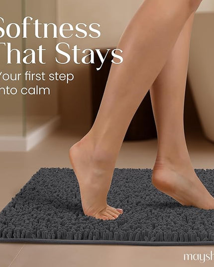 MAYSHINE Plush Shaggy Chenille Bath Mat | Extra Soft, Super Absorbent, Non-Slip Bathroom Rug | Fluffy Microfiber, Area Rug Sets for Bathroom Floor, Kitchen, Living Room | 23"x14" | Charcoal Gray