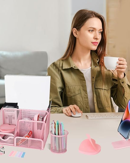 Desk Organizers and Accessories, Office Supplies 15PS Set with Stapler, Staple Remover, Pen Holder, Clips Set, Tape Dispenser, Tape, Phone Holder, 1000 Staples, Ruler, Scissors （Pink）