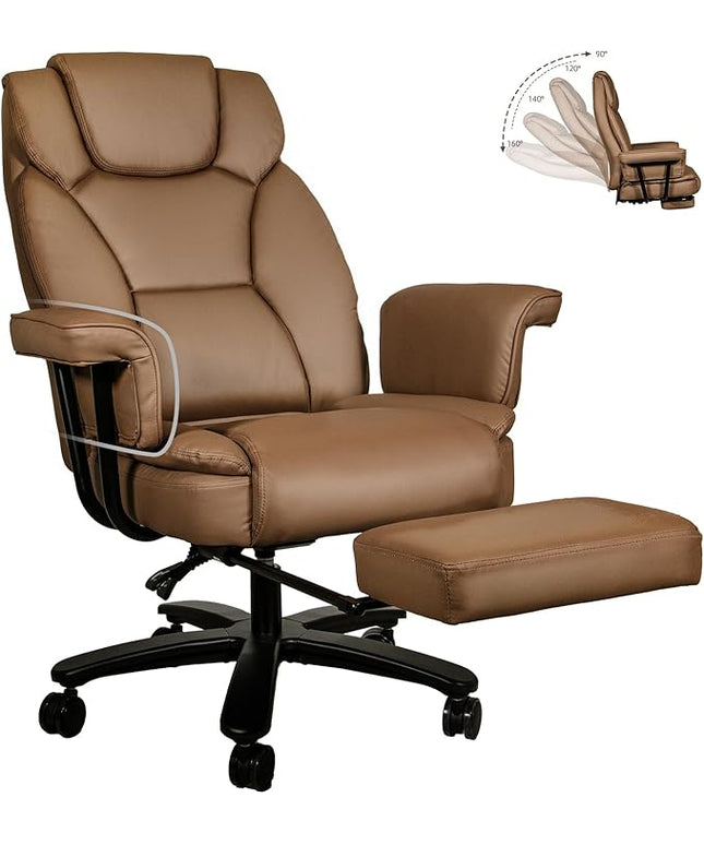 Reclining Office Chair with Footrest, Big and Tall Home Office Desk Chairs 400lbs with High Back, Criss Cross Wide Seat, Heavy Duty Base, Pu Leather, Brown