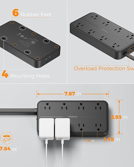 2000J Surge Protector Power Strip, TESSAN 5 FT Extension Cord with Multiple Outlets Flat Plug, 3 USB (1 USB C) and 8 AC Outlets, Wall Mount USB Charging Station for Home Office Supplies, Black