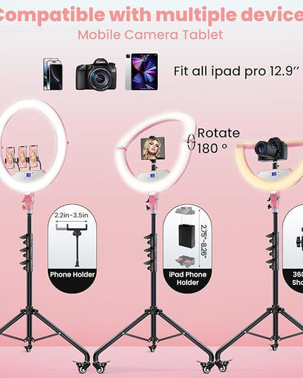 22" Foldable Ring Light with Stand for iPhone ipad, 75" Tripod with Wheels 50W 6500K LED Display/2 USB Ports Large Ringlight Rolling, Tattoo Barber Makeup Studio Video Photography Lighting(Pink)