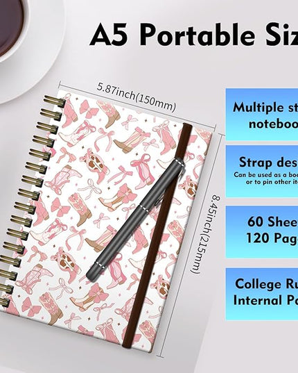 Spiral Journal Notebook, A5 Cute Notebooks for Women Men, College Ruled Hardcover Notebook for Work & Note Taking, 60 Pages Double-Wire Journals for Writing (Coquette Pink cowgirl Boots)