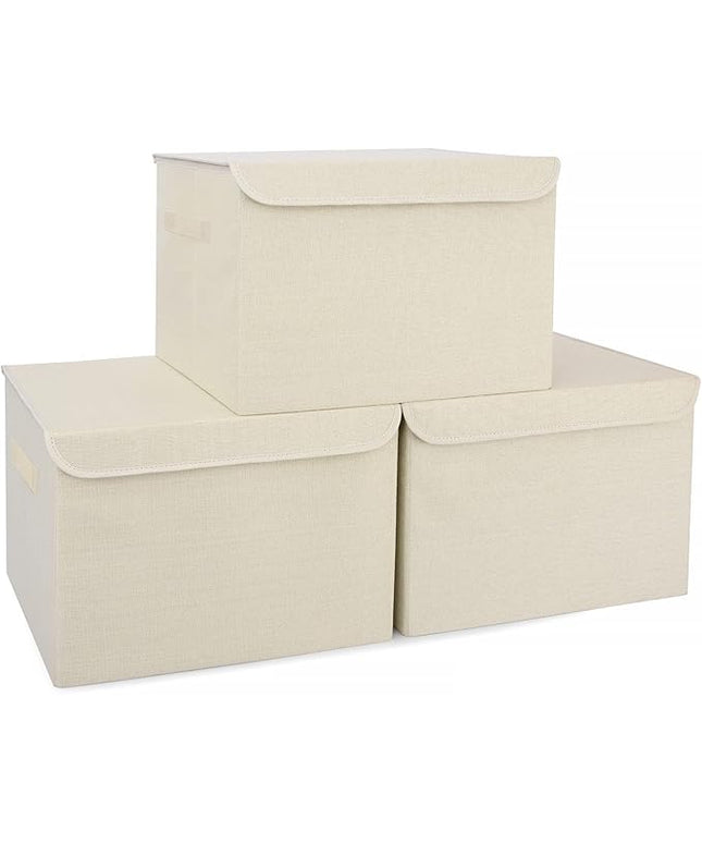 Large 42 Quarts Collapsible Stackable Storage Bins Cube with Lids [3-Pack] Foldable Fabric Linen Storage Boxes, Closet Organizer Baskets with Label for Home (16.7 x 12 x 12, Beige)