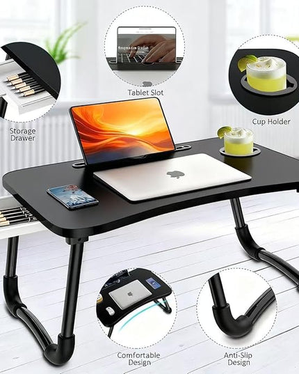 Fayquaze Laptop Bed Table, Portable Foldable Laptop Bed Desk with Storage Drawer and Cup Holder, Lap Desk Lap Stand Tray Table Floor Table Serving Tray for Eating, Reading and Working