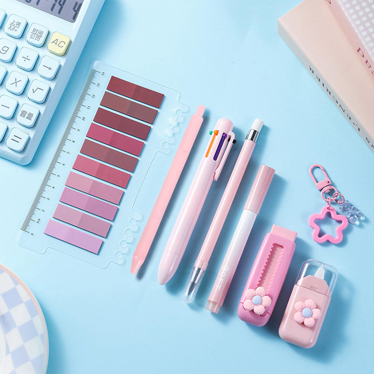 MOZXIRZ 8 Pcs Cute Pink Stationery Set for Women Office Supplies Back to School Supplies Kawaii Stationery Gift Including Pen Pencil Eraser Highlighter (Pink)