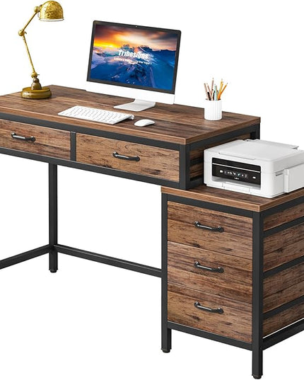 Tribesigns Computer Desk with 5 Drawers, Home Office Desks with Reversible Drawer Cabinet Printer Stand, Industrial PC Desk with Storage, Rustic Study Writing Table Workstation for Small Spaces