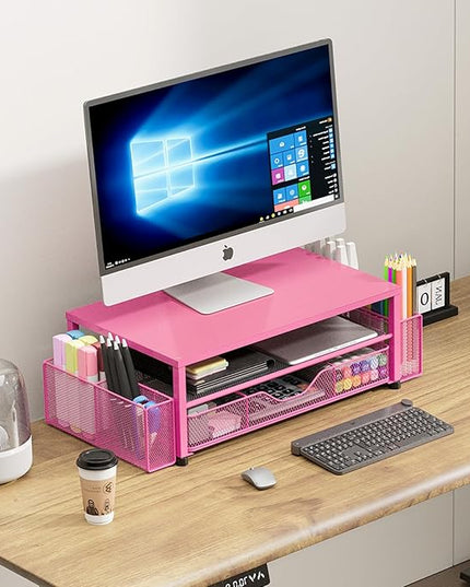 OPNICE Desk Organizer and Accessories, 2-Tier Computer Monitor Stand with Drawer and 2 Pen Holders, Laptop Stand, Office Desk Accessories for Office Supplies, Carmine Rose