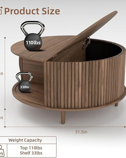 JOINICE,Round Coffee Table with Storage, 31.5" Fluted Center Table for Living Room, Modern Walnut Wood Circle Drum Table with Sliding Cabinet Door, Mid Century Furniture for Small Space