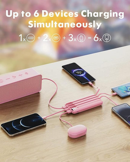 charmast Portable Charger with Built in Cables, Power Bank with Cords Wires, Slim 10000mAh Travel Battery Pack 6 Outputs 3 Inputs 3A Fast Charging for Samsung Google Pixel LG Moto iPhone iPad