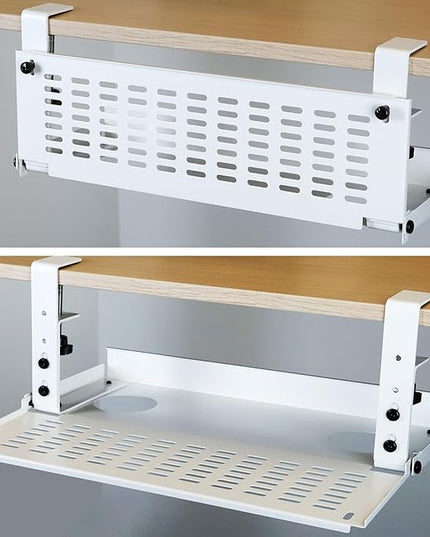 AEONS Universal Under Desk Cable Management Tray-Clamp Mount Hinged Swing Modesty Panel Organizer for Office Desks Easy Access Flip-Down position Power Strip Cord Storage No-Drill 25 lb Capacity White