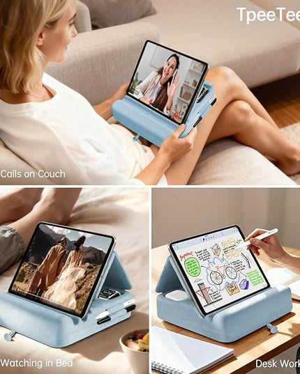 TpeeTeek Tablet Pillow Stand with Storage, Foldable iPad Holder for Lep, Bed, Sofa, and Desk - Soft Pad Dock with Pocket and Stylus Mount Compatible with 4-13" iPad Pro/Air/Mini, Galaxy Tab, Kindle