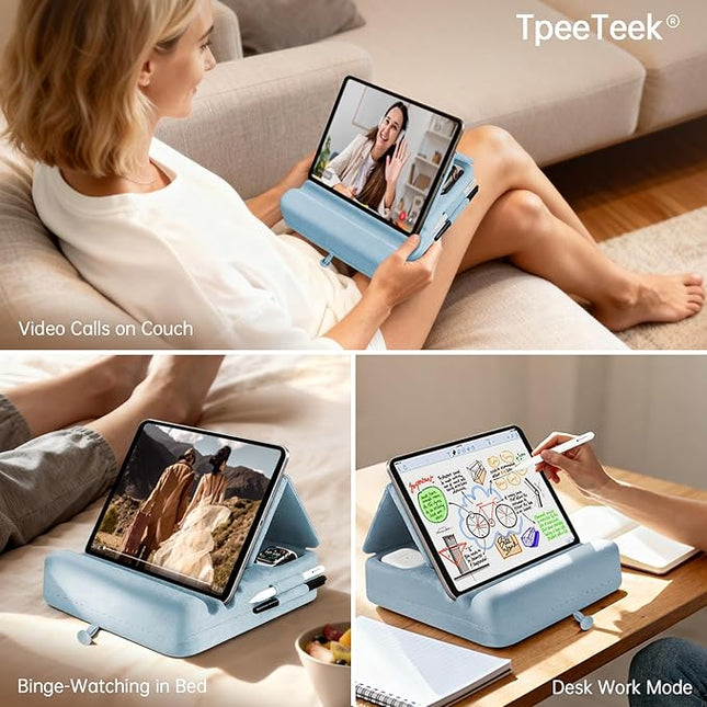 TpeeTeek Tablet Pillow Stand with Storage, Foldable iPad Holder for Lep, Bed, Sofa, and Desk - Soft Pad Dock with Pocket and Stylus Mount Compatible with 4-13" iPad Pro/Air/Mini, Galaxy Tab, Kindle