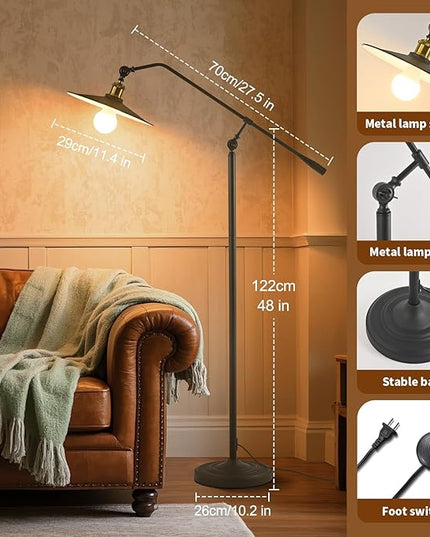 Swing Arm Floor Lamp Smart Remote Dimming for Living Room Corner Table Bedroom Office Library Farmhouse Reading Standing Tall Lights, Bright Adjustable Black Retro Rustic Industrial Home Decor