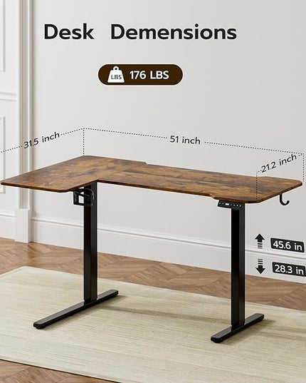 51" Reversiable L-Shaped Electric Standing Desk Adjustable Height Gaming Stand Up Corner Desk Sit Stand Home Office Computer Desk with Splice Board, Rustic Brown Top