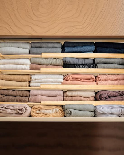 Fabsome Dresser Drawer Organizers 6 Pack, 4.65'' High Adjustable from 17-22‘’ Bamboo Drawer Dividers for Clothing Baby Clothes, Wooden Separators for Dresser Nursery Organization with Soft Foam Ends