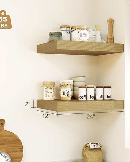 Heimlove Bathroom 12'' Deep Floating Shelves for Wall - Shelf Over Toilet Mounted Farmhouse 24 inches,Rustic Wood Shelves Decor & Storage Set of 1 Oak