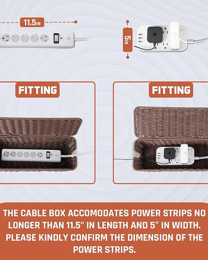 Cable Management Box, Handmade Rattan Cable Organizer, 2 Open Slots Cords Hider Box, Under Desk Cord Organizer for Computer Router USB Hub & Power Strip, Patent Pending, 13" x 5.1" x 5.1", Brown