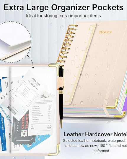 Hardcover Spiral Notebook 5.7"x 8.2" Journal Notebook with Tabs and Removable Dividers 300 Pages 5 Subject Notebook College Ruled, Faux Leather Spiral Bound Notebook for Women School Work(White)
