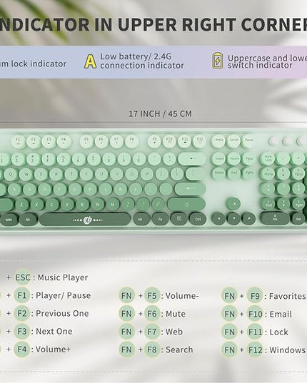 FOPETT Wireless Keyboard and Mouse Combo - 2.4G Full-Sized Cute Colorful Mouse and Keyboard with 104 Round Keys Retro Typewriter Keyboard for Laptop/Windows/PC - Green Gradient
