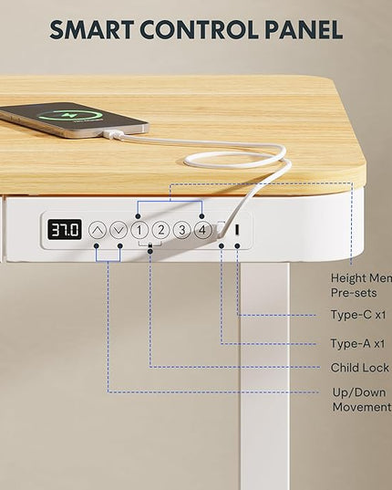 FLEXISPOT Comhar Electric Standing Desk with Drawers Charging USB Port, Height Adjustable 48" Whole-Piece Quick Install Home Office Computer Laptop Table with Storage (Maple Top + White Frame)