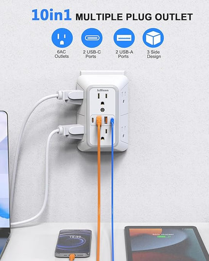JcBlaon Outlet Extender Surge Protector - 6 Outlet Splitter with 4 USB Ports (2 USB C), Multiple Plug Expander Wall Charger, 3 Sided Multi Plug Wall Adapter Power Strip for Home Office Kitchen Travel