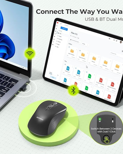 seenda Wireless Mouse, Bluetooth & 2.4G USB Dual Mode for Laptops & Computers - Mac & Windows Compatible - Black