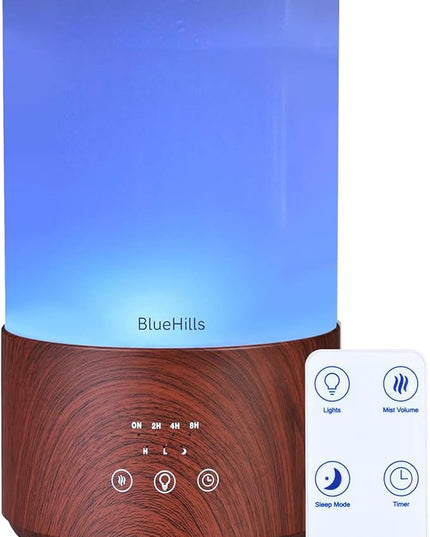 BlueHills Premium 4000 ml Tall Essential Oil Diffuser 4L 4 Liter 50 Hour Run with Remote Timer Aroma Humidifier 1 Gallon Big Capacity High Mist Output for Large Room Lights Dark Wood Grain XL T402
