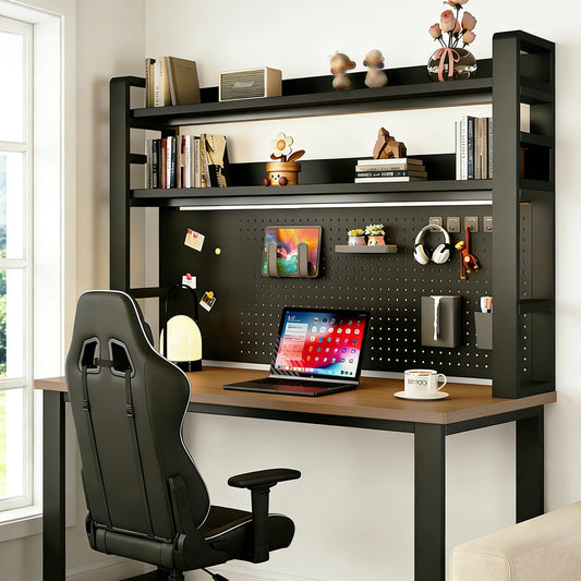 LINLIUA 2/3/4 Tier Desk Hutch, Metal Desk Shelf with Pegboard, Desk Shelves for Top of Desk, Freestanding Desktop Bookshelf, Desktop Shelf Organizer Display Rack for Dorm Office and Home