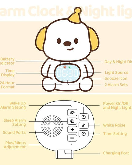 Dog Alarm Clock with Night Light for Kids with Sleep Training and Sound Machine, Rechargeable Silicone Lamp OK to Wake Clock，Cute Animal Tabletop Lamp, Perfect Sleep Companion for Boys Girls
