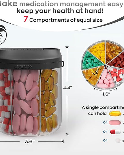 Pill Dispenser with 7 Large Compartments, 4.4" H x 3.6" Dia Pill Organizer for Travel, Supplement Organizer with Anti-Mixing Design, BPA-Free Pill Container with 20 Pcs Labels, Black