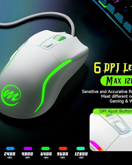 memzuoix Wired Gaming Mouse with RGB - 6 Adjustable DPI up to 12800, 6 Buttons, 12 Lighting Modes, Ergonomic Design with Anti-Slip Rubber Wheel, 5.6ft Braided Cable for PC/Mac/Windows - White