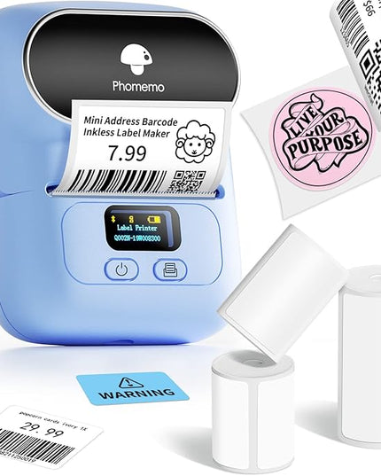 Phomemo Label Maker with 3 Labels- M110 Portable Bluetooth Label Maker Machine for Small Business, Barcode, Address, Logo, Clothing, Jerwery, Compatible with iOS & Android, Blue