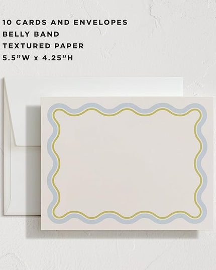 Minted Squiggled Stationery Set, Set of 10, Flat Note Cards & Envelopes for Invitiations and Handwritten Thank You Messages, Pale Blue & Chartreuse Border, Gifts for Men and Women, Luxurious Paper